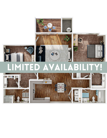 A 3D image of the 2BR/2BA floorplan, a 952 squarefoot, 2 bed / 2 bath unit