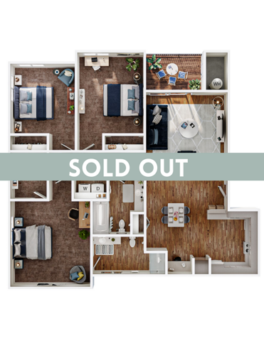 A 3D image of the 3BR/2BA floorplan, a 1153 squarefoot, 3 bed / 2 bath unit